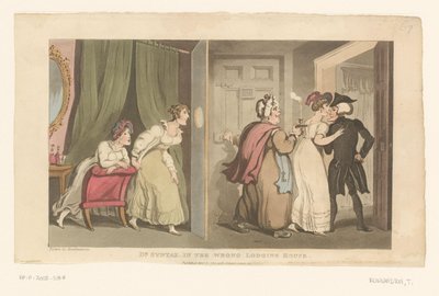 ドクター・シンタックスは、二人の女性に導かれてドアをくぐる 作： Thomas Rowlandson