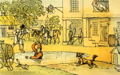 池の中のパットを見て喜ぶシンタックス博士」。 作： Thomas Rowlandson