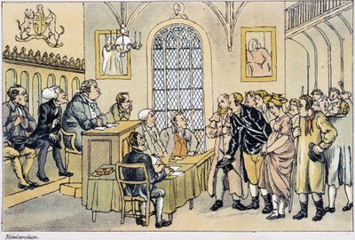 法廷でのシンタクス博士 - W. Combe著、Rowlandson画による「シンタクス博士の絵のような慰めと妻を求めての3つの旅」（ロンドン、ホッテン社）の中で 作： Thomas Rowlandson