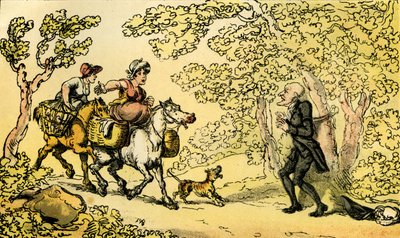 Dr.Syntaxがハイウェイマンに木に縛られている」。 作： Thomas Rowlandson