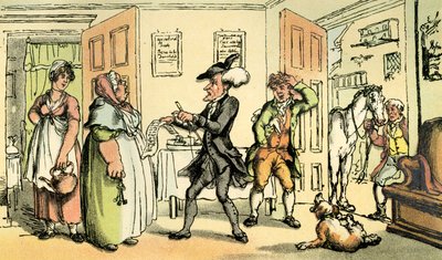 Dr.Syntaxが女将さんと請求書を争う」。 作： Thomas Rowlandson