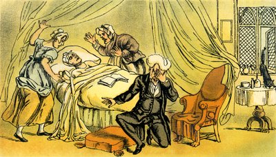 妻を失ったことを嘆くシンタックス博士」。 作： Thomas Rowlandson