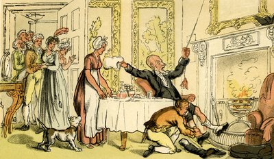 Dr.Syntaxが紳士の家を宿と間違える」。 作： Thomas Rowlandson