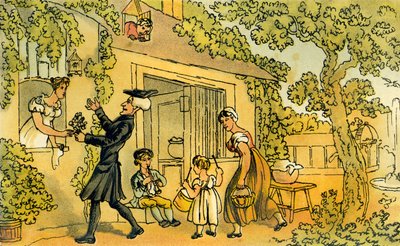 花束を贈呈するDr.Syntax」。 作： Thomas Rowlandson