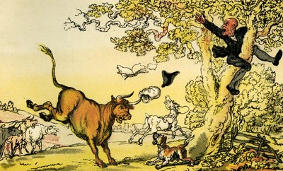 牛に追われるシンタックス博士」。 作： Thomas Rowlandson