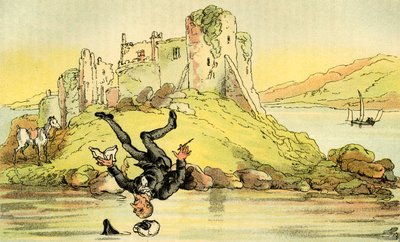 水の中に転がり込むDr.Syntax」。 作： Thomas Rowlandson