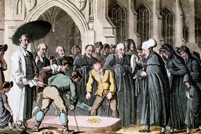 墓に下ろされる妻の棺を見るシンタックス博士（1820年 作： Thomas Rowlandson
