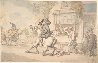 宿屋の前にいる、気難しい馬を連れたドクター・シンタックス 作： Thomas Rowlandson