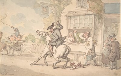 18 ～ 19 世紀の宿屋の前でバルキー馬を連れたシンタックス博士。 作： Thomas Rowlandson