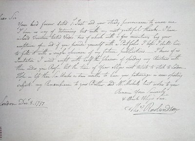 1797年12月8日、画家がパトロン候補であるダウンズ氏に宛てた最古の手紙（紙にペンとインク） 作： Thomas Rowlandson