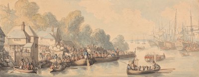 1794年6月20日、サザンプトンでの乗船（水彩、ペン、茶色、灰色、赤茶色のインクを中程度のわずかにテクスチャーのあるクリーム色の網目紙のグラファイト上に） 作： Thomas Rowlandson