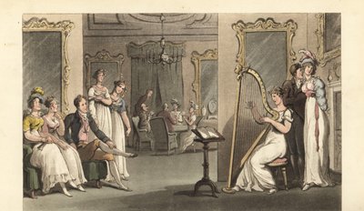 舞踏会でハープ奏者の演奏を聴く英国紳士・淑女たち 作： Thomas Rowlandson