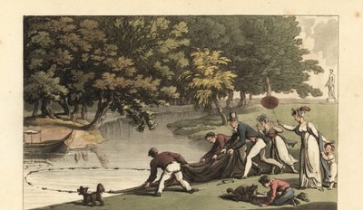 川で釣りをする英国紳士とスタッフ 作： Thomas Rowlandson