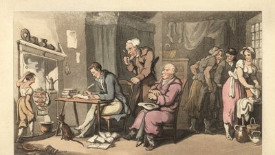 老朽化した応接室で物乞いの手紙を書く英国紳士 作： Thomas Rowlandson