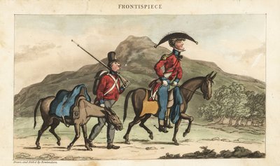 ポルトガルで馬に乗るジョニー・ニューカム少尉と荷馬を連れた少尉。David Roberts大佐のThe Military Adventures of Johnny Newcome, Martin, LondonからThomas Rowlandsonが描いてエッチングした手彩色の銅版画。 作： Thomas Rowlandson