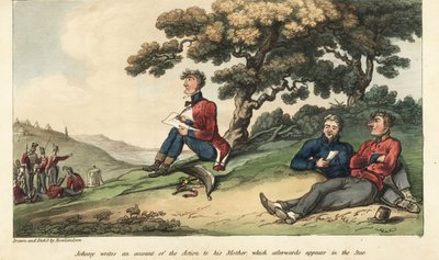 サラマンカの戦いを記した母への手紙を書くジョニー・ニューカム少尉 作： Thomas Rowlandson