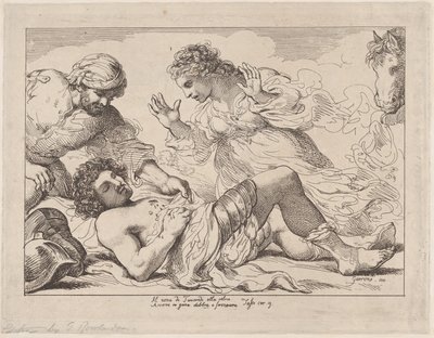 エルミニアはタッソから負傷したタンクレッドを発見、Gerusalemme Liberata、ca. 1790年頃。 1790年。 作： Thomas Rowlandson