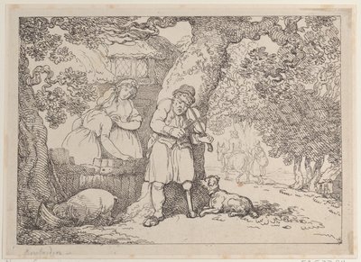 バイオリン弾き、水夫、コテージのそばの 2 人の女性と豚、1816 年、1816 年。 作： Thomas Rowlandson