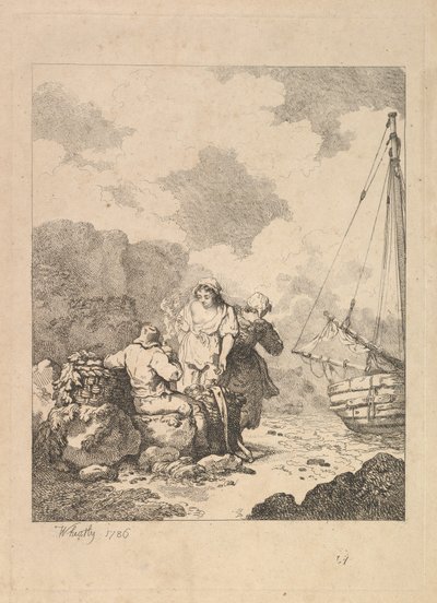岸辺の漁師 - 岩の上に座ってパイプを吸っている男性との海岸の風景、ネクサス、1786年。 作： Thomas Rowlandson