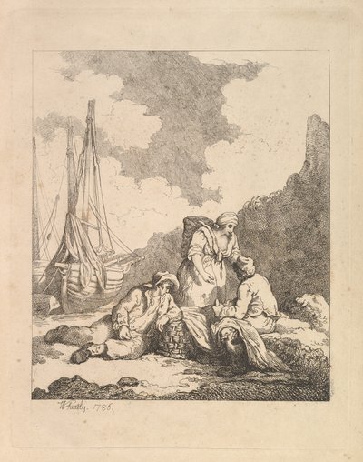 海岸沿いの漁師-肘を休んで地面に座っている男の海岸の風景...、1786年。 作： Thomas Rowlandson