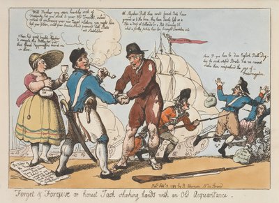 「忘れて許す」か、それとも「正直なジャック」が旧知の友と握手するか 作： Thomas Rowlandson