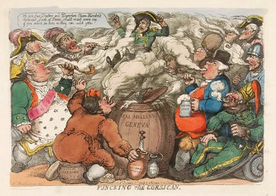 コルシカ島のパブを楽しみましょう。 1813年の手彩色彫刻。 作： Thomas Rowlandson