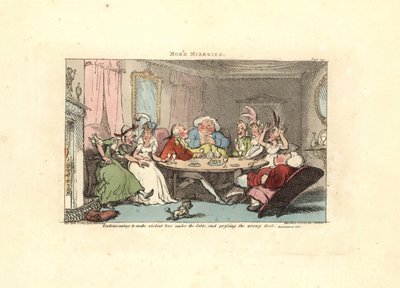 テーブルの上の美女と勝負をするジェントルマン。 作： Thomas Rowlandson