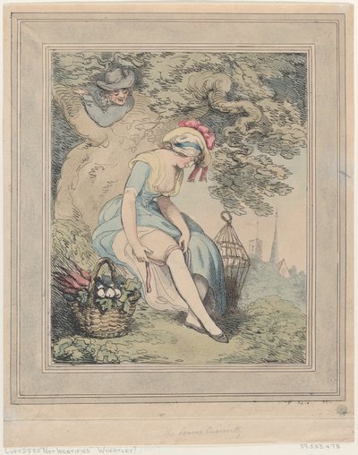 彼女のガーターを調整するバスケットと鳥かごを持つ少女, 1785-95., 1785-95. 作： Thomas Rowlandson