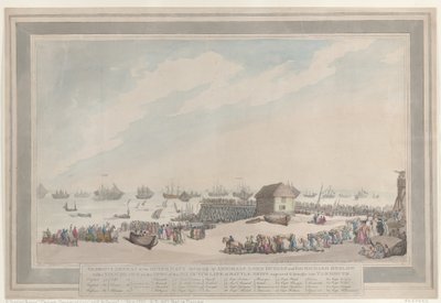 1797年10月10日、オランダ海軍の輝かしい敗北。ダンカン卿およびリチャード・オンズロー卿両提督による作品。捕獲されヤーマスへ連行されたオランダの戦列艦6隻を、その現場で描いた図版付き。 作： Thomas Rowlandson