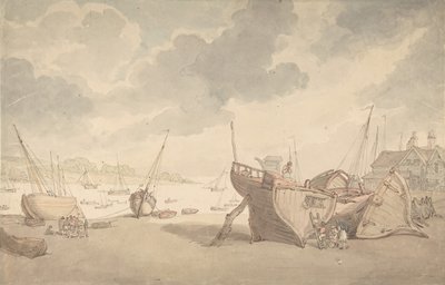 1775年から1827年にかけて、潮が引いてボートが打ち寄せる港の風景。 作： Thomas Rowlandson