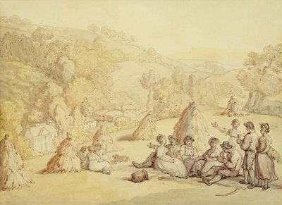トウモロコシ畑で休む収穫者、c.1805-10（紙に洗ったペンとインク） 作： Thomas Rowlandson