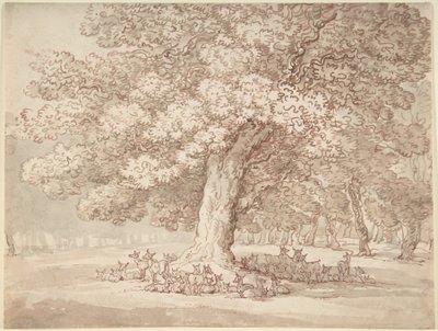 樫の木の下にいる鹿の群れ 作： Thomas Rowlandson