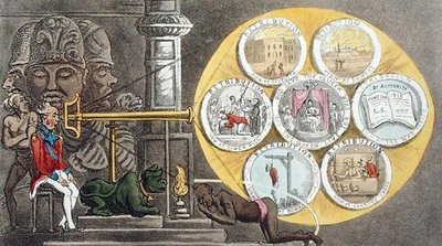 ヒンドゥー教の呪文、エレファンタの景色（ウィリアム・コム（1741-1823）著『グランド・マスター、またはヒンドスタンにおけるクワイ・ハイの冒険』より）。William Combe (1741-1823)著、Thomas Tegg, London出版の「The Grand Master, or Adventures of Qui Hi?in Hindostan.A Hudibras Poem in Eight Cantos by Quiz」より 作： Thomas Rowlandson