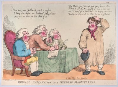 1815 年 3 月 1 日、100 人の治安判事に関するホッジの説明、1815 年 3 月 1 日。 作： Thomas Rowlandson