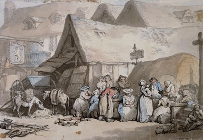 ホニトン、デボン：ライオンインの外で販売されている靴と帽子、 作： Thomas Rowlandson
