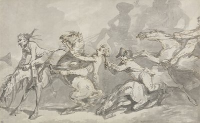 衝突する騎手、c.1785-90（紙に茶色のウォッシュを塗ったペンとインク） 作： Thomas Rowlandson