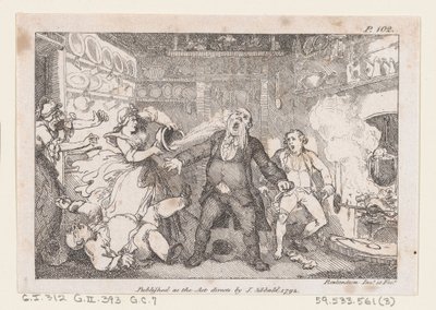 ホステスは、1792 年の冒険から、パーソン アンドリュースの顔に血の皿を排出します。 作： Thomas Rowlandson
