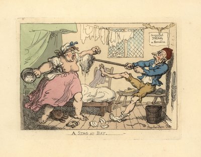 怒る妻をモップで押さえつける夫。 作： Thomas Rowlandson
