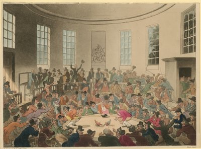 コックの戦いを見ている群衆を描いたイラスト 作： Thomas Rowlandson