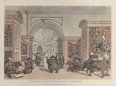 公立図書館の内部ビュー、ケンブリッジ、1809 年 11 月 9 日、1809 年 11 月 9 日。 作： Thomas Rowlandson