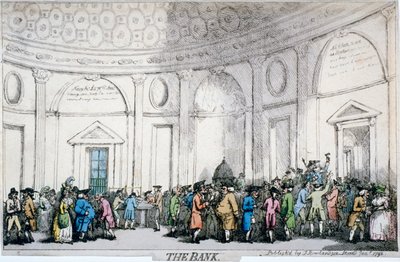 イングランド銀行、ロンドン市、1792 年の内部ビュー。 作： Thomas Rowlandson