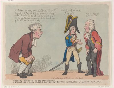 国務の口論を聞くジョン・ブル、1803 年 5 月 1 日、1803 年 5 月 1 日。 作： Thomas Rowlandson