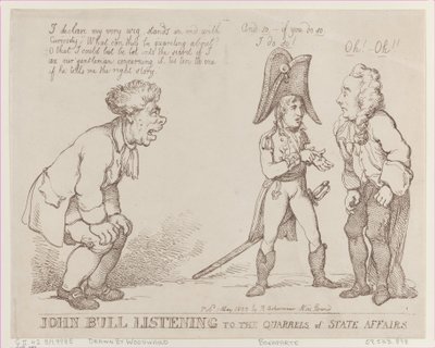 国務の口論を聞くジョン・ブル、1803 年 5 月 1 日、1803 年 5 月 1 日。 作： Thomas Rowlandson