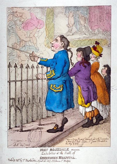 「ジョン・ローズデール、水夫、グリニッジ病院ホールの出展者」、1807 作： Thomas Rowlandson