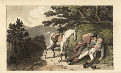 馬から突き落とされた旅人を助けるジョニー。トーマス・ローランドソンによる手彩色銅版画、ウィリアム・コム著『ジョニー・クエ・ジーナスの歴史、故シンタクス博士の小さな孤児』より。 作： Thomas Rowlandson