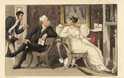 摂政時代の大広間で行われたパーティーで、客同士の口論を仲裁するジョニー。Thomas Rowlandsonによる手彩色銅版画。William Combe著「The History of Johnny Quae Genus, the Little Foundling of the late Doctor Syntax」より。 作： Thomas Rowlandson