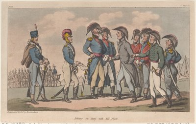 ジョニー・ニューカムの軍事的冒険』（1815年）より、チーフと一緒に任務に就くジョニー。 作： Thomas Rowlandson