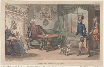 ジョニーは無事に母親の元に戻った。『The Military Adventures of Johnny Newcome, 1815』（1815年）より。 作： Thomas Rowlandson