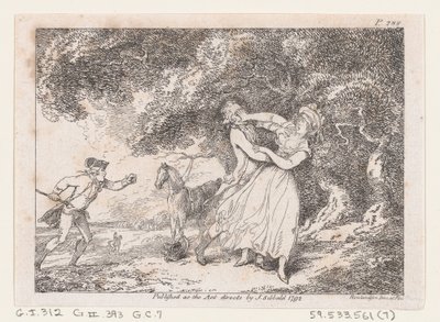 ジョセフ・アンドリューの冒険』（1792年）より、ジョセフは急いでファニーを危険から救い出す。 作： Thomas Rowlandson