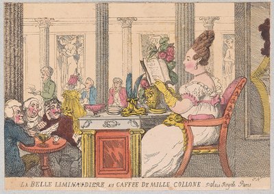 La Belle Liminaudiere at Caffee de Mille Collone、Palais Royal、Paris、pub。 1814（手塗りの彫刻） 作： Thomas Rowlandson